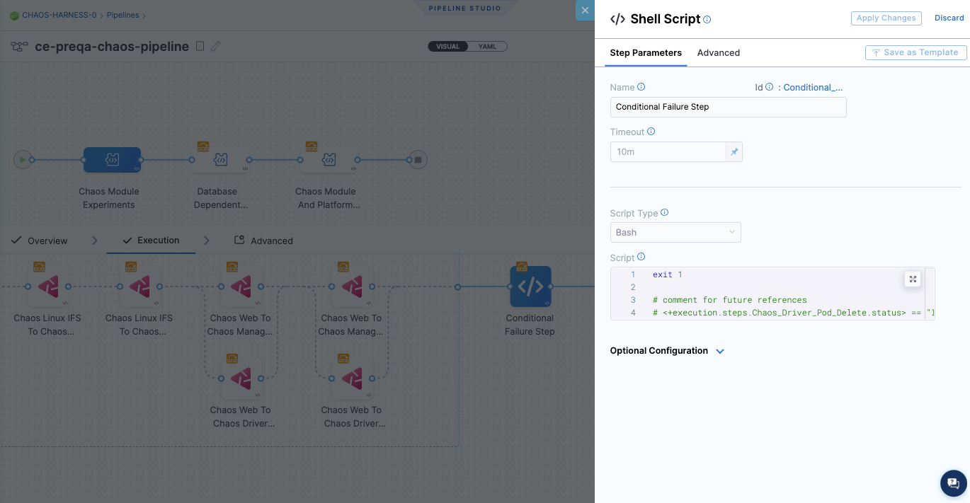 Conditional failure Shell Script step shown in a CD pipeline after many chaos steps